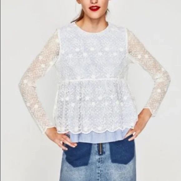 Zara blue striped peplum top with white lace overlay NWT - Picture 2 of 4